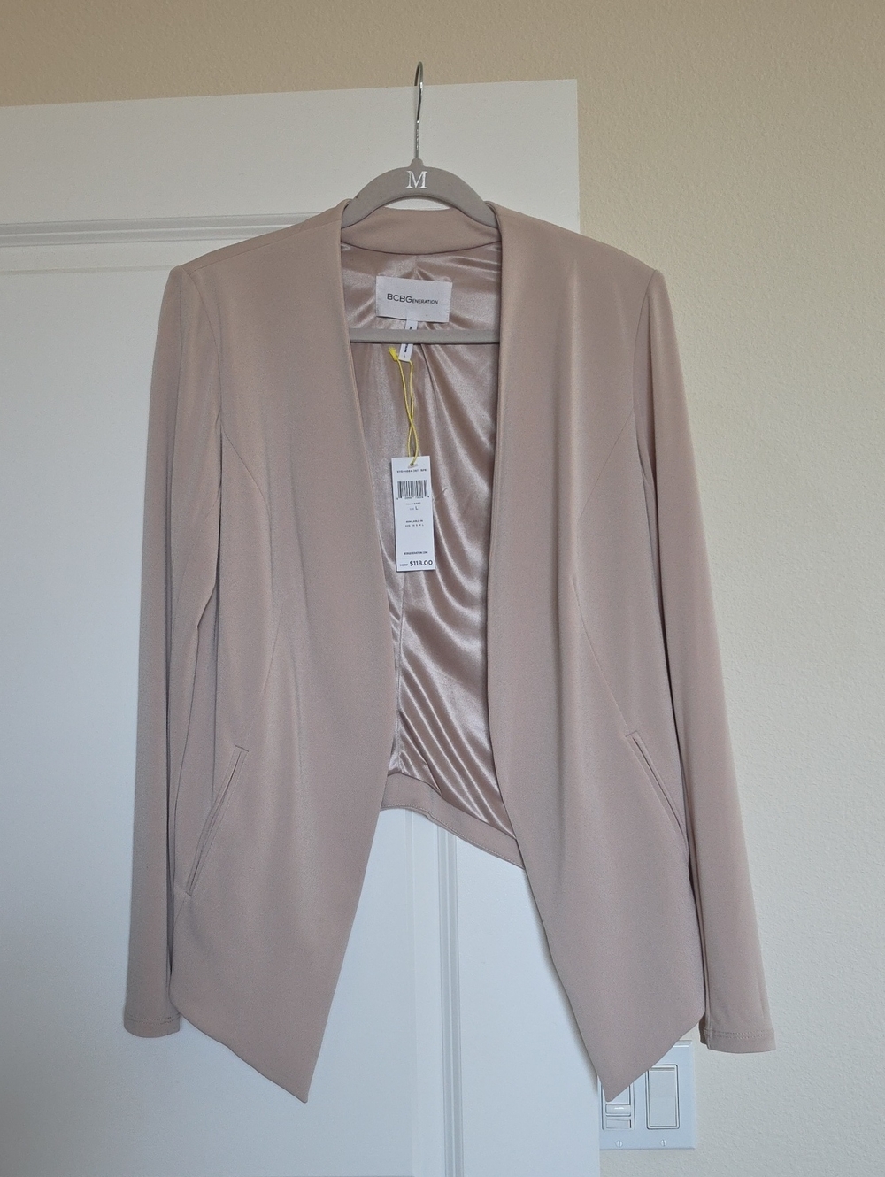 BCBGeneration Sand Tuxedo Blazer Size Large NWT Tailored Open Front Jacket